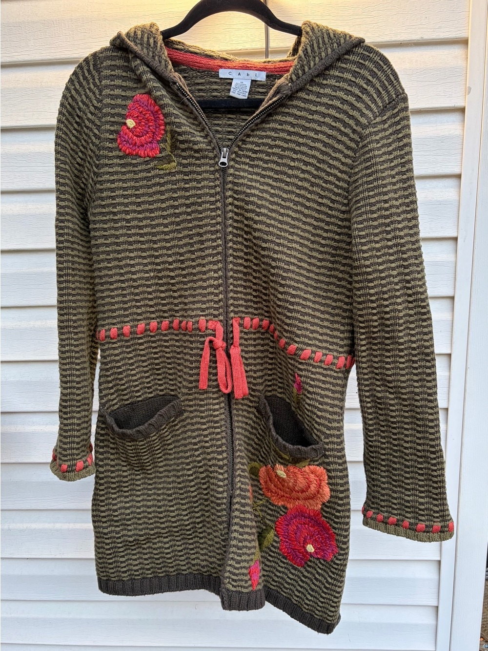 Cabi Style 699 Wool Blend Embroidered Floral Hooded Long Cardigan M